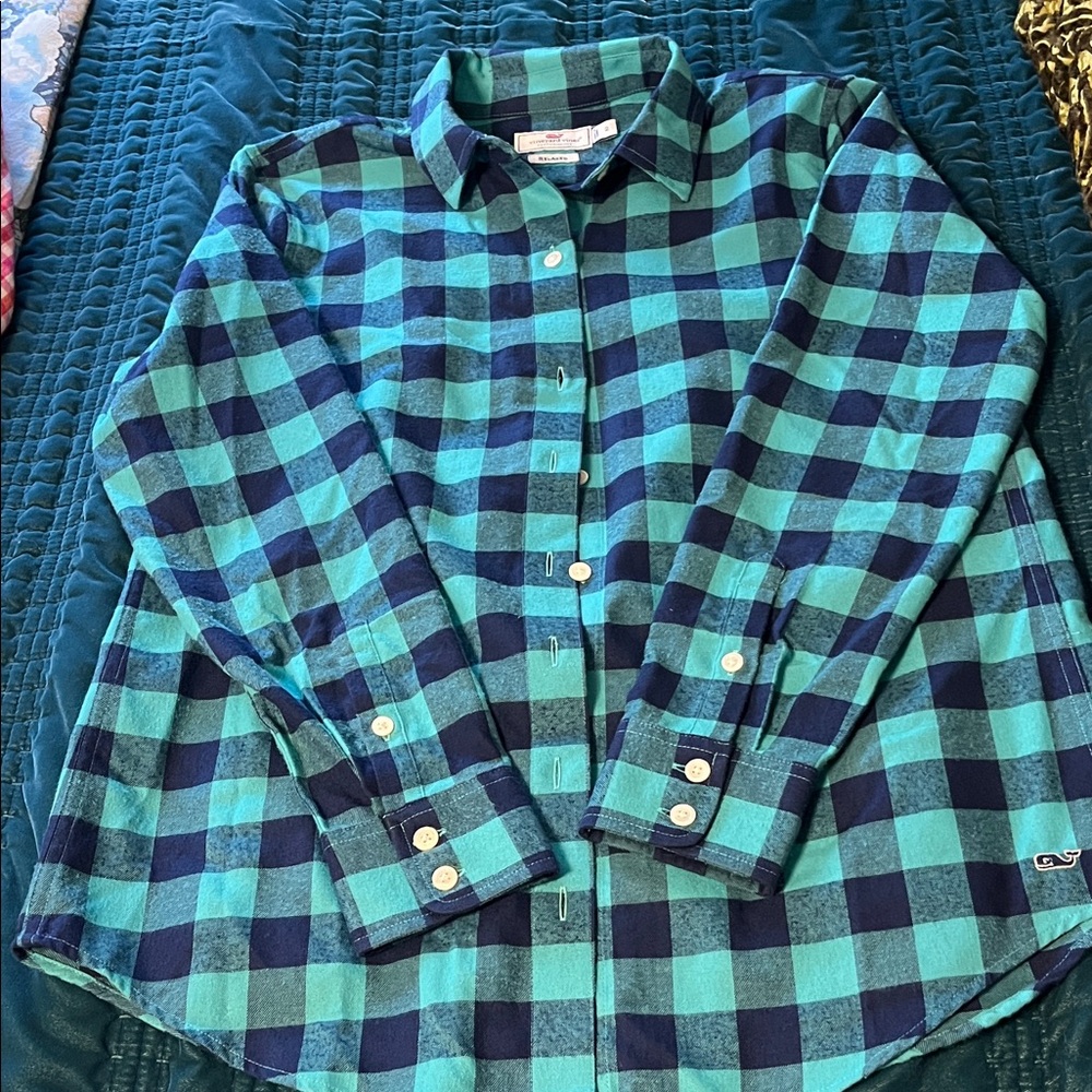 Vineyard Vines Teal and Navy Plaid Relaxed Button-Up